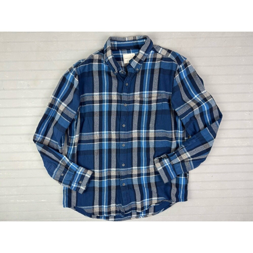 American Eagle Size L Mens Shirt Flannel Blue Plaid Long leeve Button Up